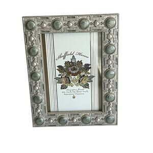 Ornate Sheffield Enamel Jewel Frame Photo Picture Green Silver 4x6” Photo